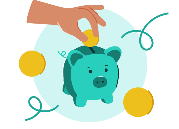 Person saving money with class management software adding coins to a piggy bank.
