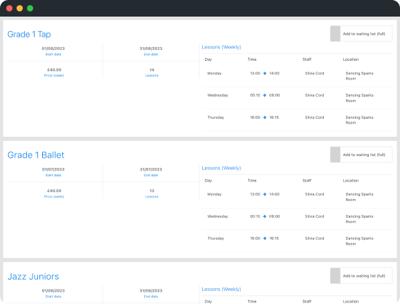 Class timetable in the customer portal, showing the schedule of lessons, teacher and location.
