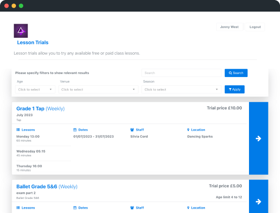 List of available classes in the portal, where the customer can sign up.
