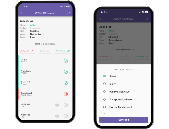 Attendance register on the admin app for marking lesson attendance.