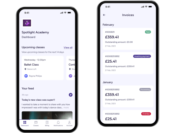Screens from customer app class schedule, notice board and invoices list