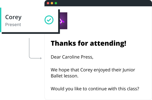 Student marked as present with automated email thanking them for their attendance.
