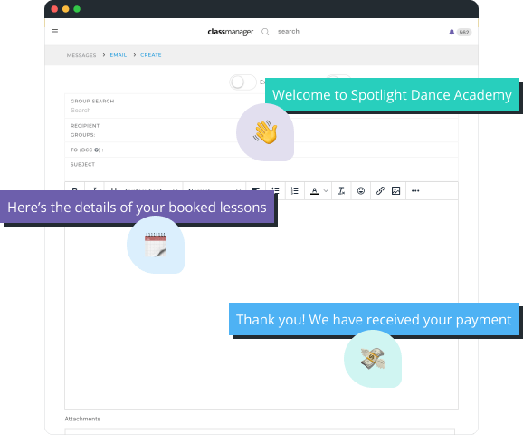 Email automation examples including welcome message, booked lesson details, and payment thank you.