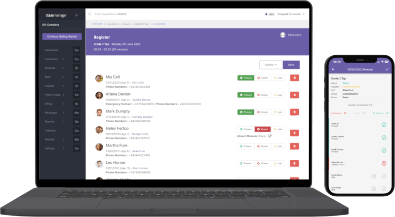 Laptop and mobile devices displaying synced attendance registers.