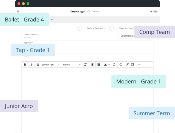 Bulk email sending feature enabling communication to various classes, seasons, and tags.