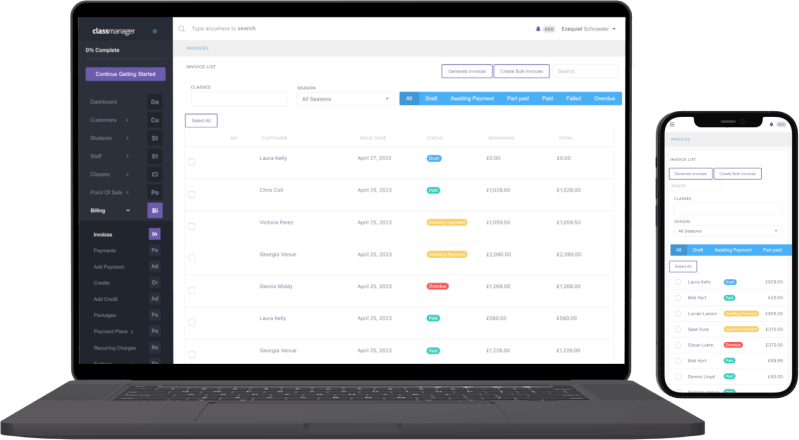 Laptop and mobile screens showing the invoice list with distinct statuses for convenience.