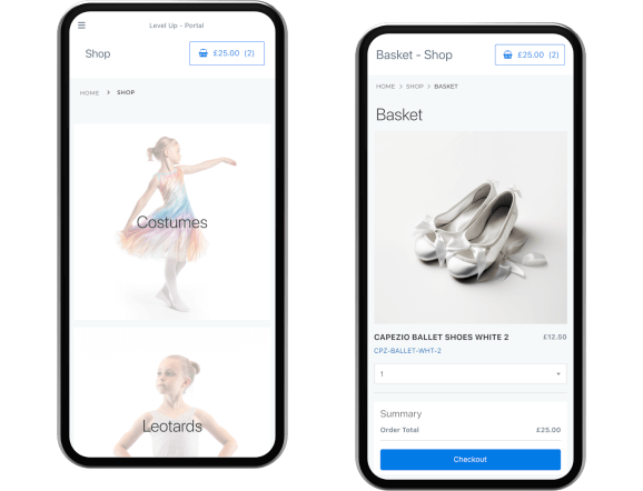 Customer portal on mobile displaying product categories and shopping basket.