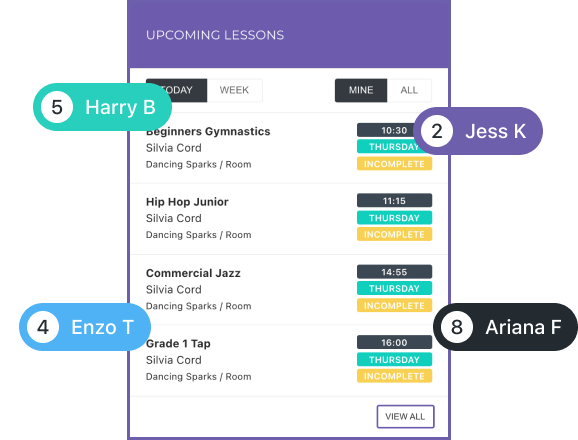 Snippets of upcoming lessons section and upcoming birthdays on the dashboard.