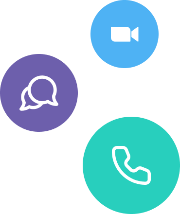 Zoom, message, and phone icons - representing the various support channels available.