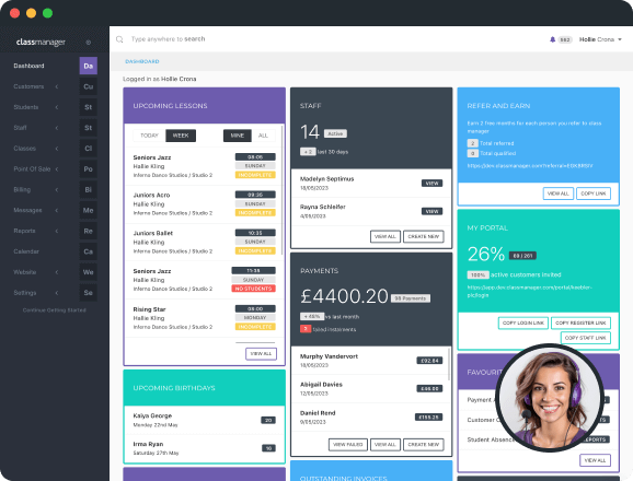Dashboard image with a Class Manager expert conducting a 1-2-1 demo.