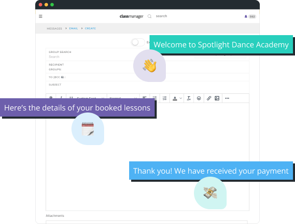 Email automation examples including welcome message, booked lesson details, and payment thank you.