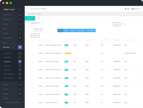Email list displaying scheduling options, open rates, and delivery rates.