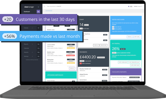 Overview of Class Manager business stats displaying customer growth and revenue increase metrics.