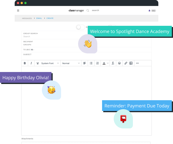 Email automation examples including welcome message, booked lesson details, and payment thank you.