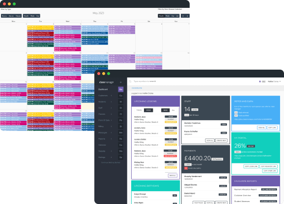 Class management software displaying business dashboard and class timetable screens.