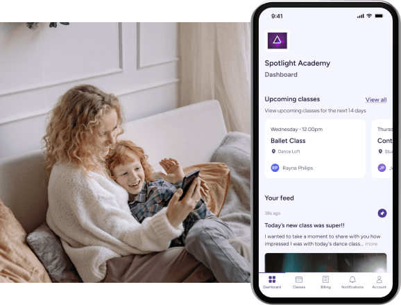 Woman and child using the customer app to view upcoming class schedule.